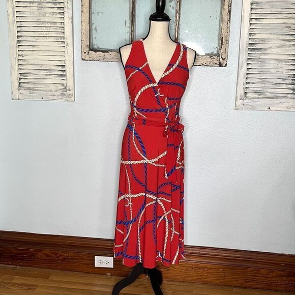 Ralph Lauren Womens Print Tie Waist Jersey Dress Sleeveless Hibiscus Size 0 - Picture 2 of 10